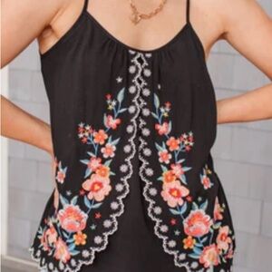 Savanna Jane Floral Garden Picnic Embroidered Camisole Tank Black Size S